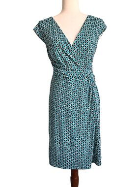 Ann Taylor Women’s Classic Teal Black Geo Print Faux Wrap Dress Size 6 EUC